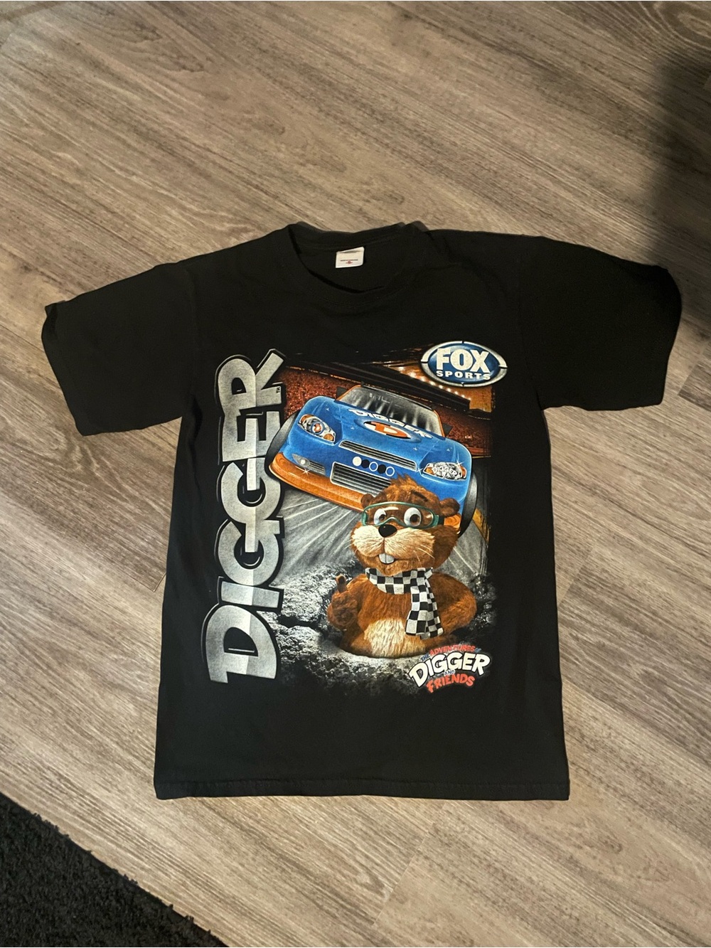 Anvil Kids Black T-Shirt with Blue and Orange Race Car Graphic